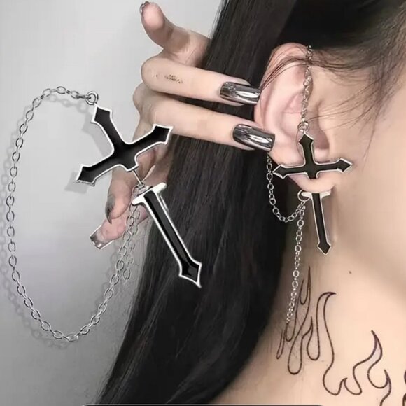 Edgy Large Cross Earring with Dangling Chain - Picture 1 of 4